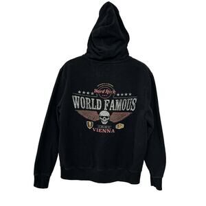 HARD ROCK CAFE Vienna Austria Rare Fleece Full Zip Hooded Jacket Black Size XL